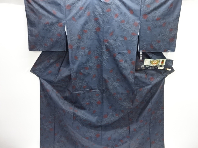 JAPANESE KIMONO / SILK / DORO OSHIMA TSUMUGI / WOVEN FLORAL PLANTS